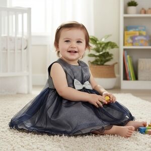 Rosenau Baby Dress Set 18M – Silver Bodice, Navy Mesh Skirt & Bloomers | Silver